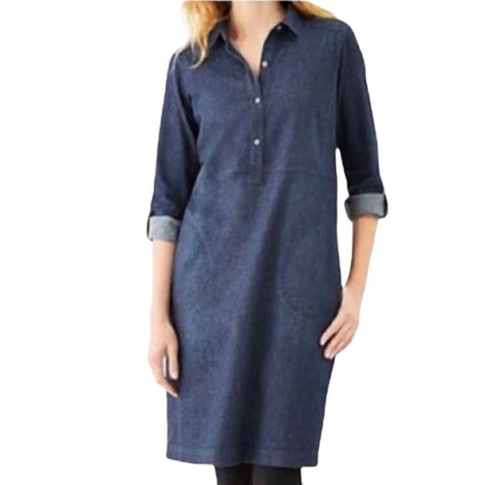 Women's XS J.Jill Denim Midi Blue Jean Dress Roll Tab Sleeves Collared Buttons